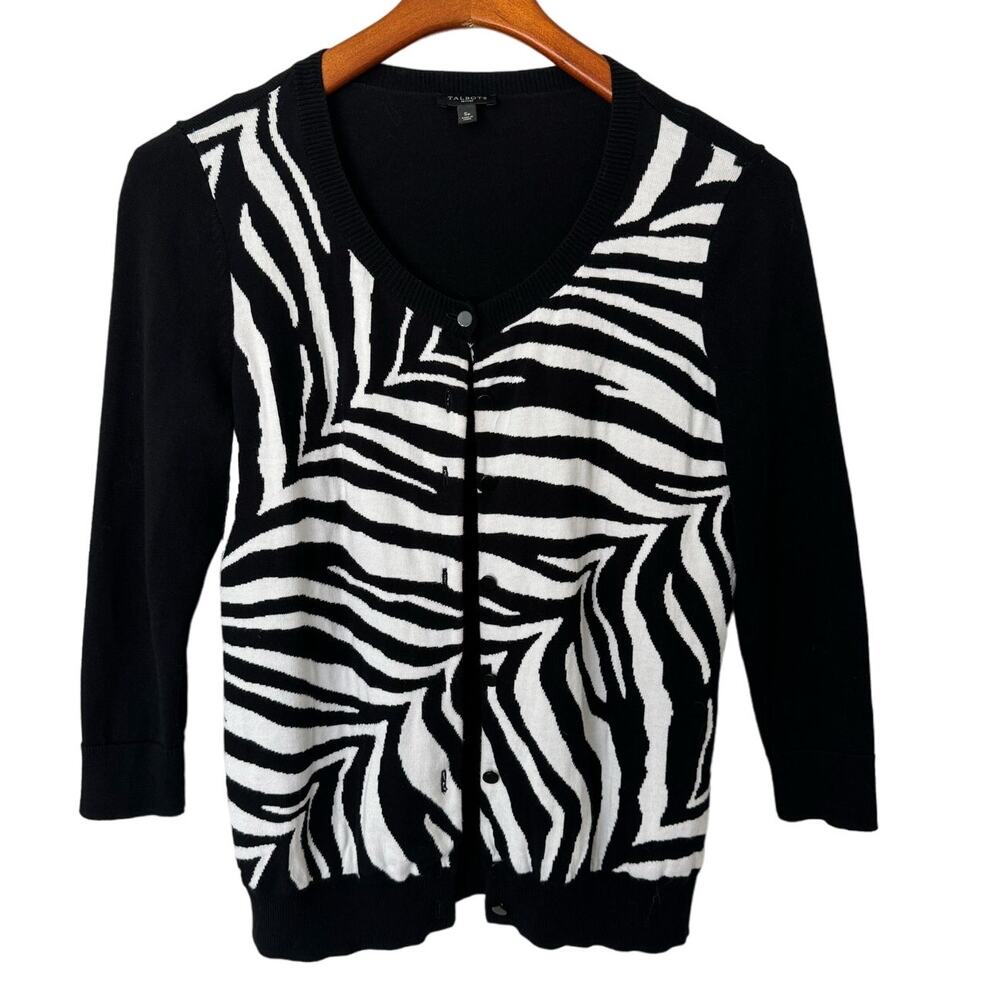 Talbots Petites Black White Zebra Print Button Front Cardigan Size SP‎